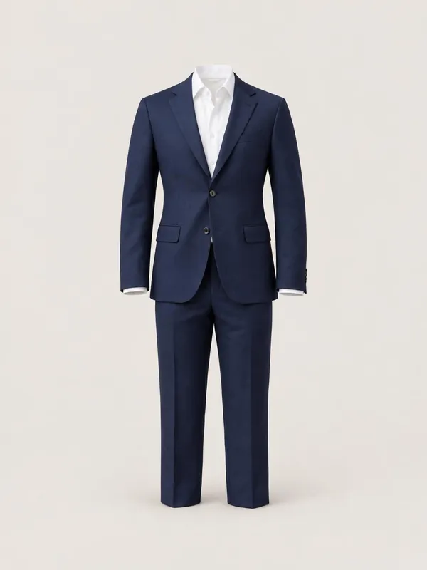 AI-generated product photo of the navy tailored suit, one of the pieces in the Someone Shop.