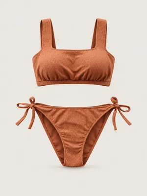 AI-generated product photo of the terracotta tie-side bikini, one of the pieces in the Someone Shop.