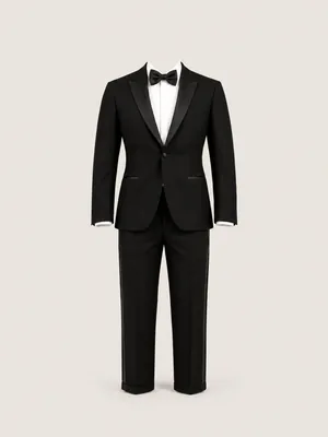 AI-generated product photo of the black black-tie tuxedo, one of the pieces in the Someone Shop.