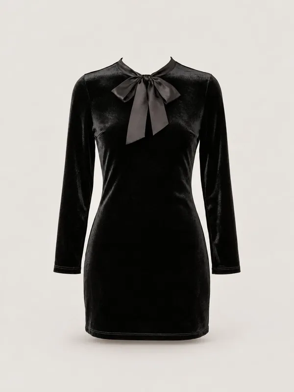 AI-generated product photo of the black velvet bow mini, one of the pieces in the Someone Shop.