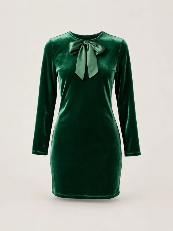 AI-generated product photo of the emerald velvet bow mini, one of the pieces in the Someone Shop.