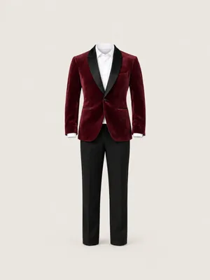 AI-generated product photo of the burgundy velvet dinner jacket, one of the pieces in the Someone Shop.