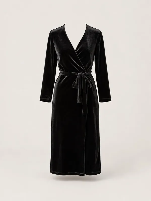 AI-generated product photo of the black velvet wrap midi, one of the pieces in the Someone Shop.