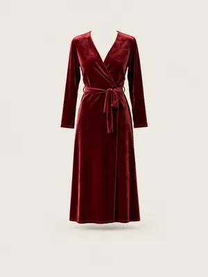 AI-generated product photo of the wine velvet wrap midi, one of the pieces in the Someone Shop.